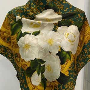 CHANEL Large Green and Gold Floral Silk Scarf